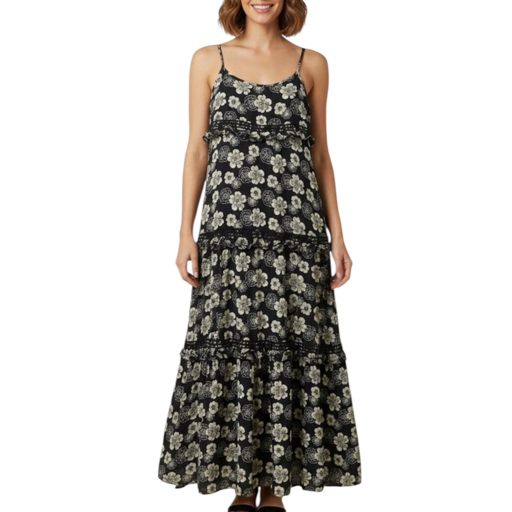 Catchme Floral Navy Long Maxi Dress Black‎ Lace Detail Sz Small